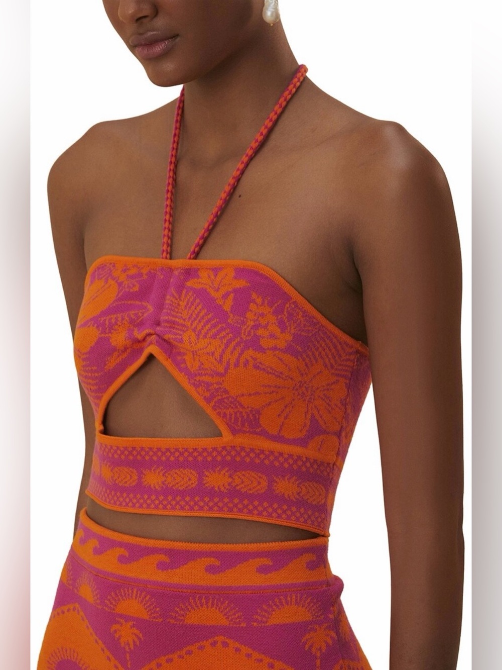 FARM Rio Orange & Pink Floral Cutout Halter Knit Top